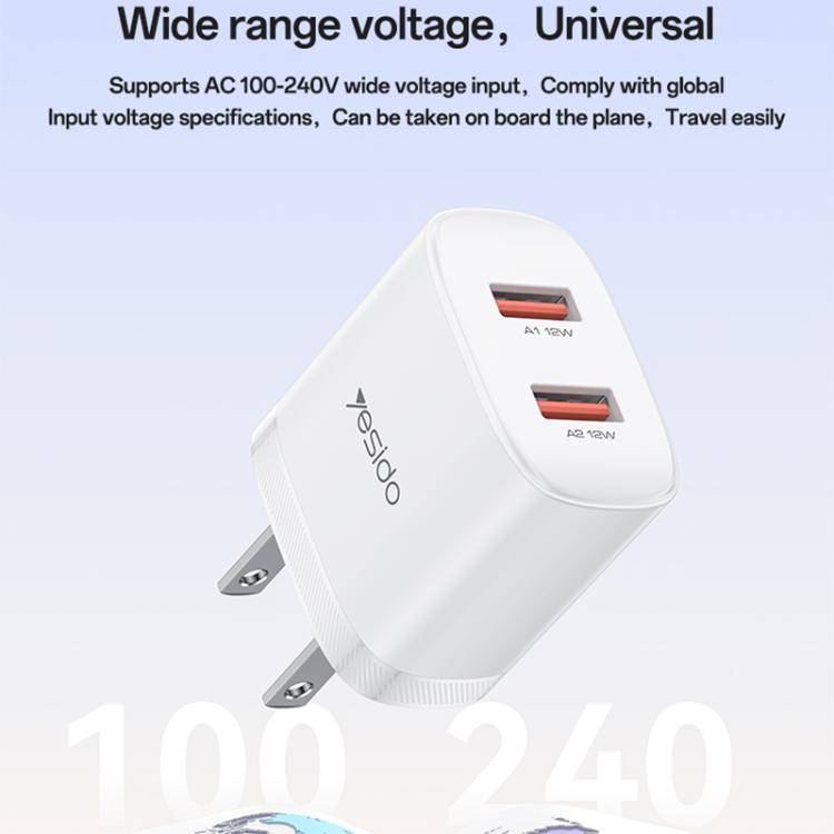 Set caricabatterie Yesido YC17U da 12 W 2,4 A con doppia porta USB e cavo dati da USB a Type-C da 1 m., YC17U