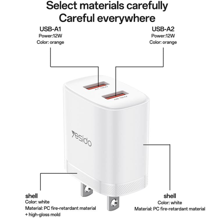 Set caricabatterie Yesido YC17U da 12 W 2,4 A con doppia porta USB e cavo dati da USB a Type-C da 1 m., YC17U