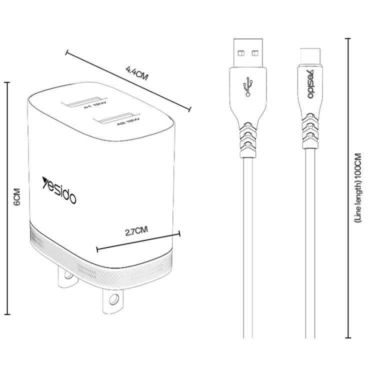 Set caricabatterie Yesido YC17U da 12 W 2,4 A con doppia porta USB e cavo dati da USB a Type-C da 1 m., YC17U