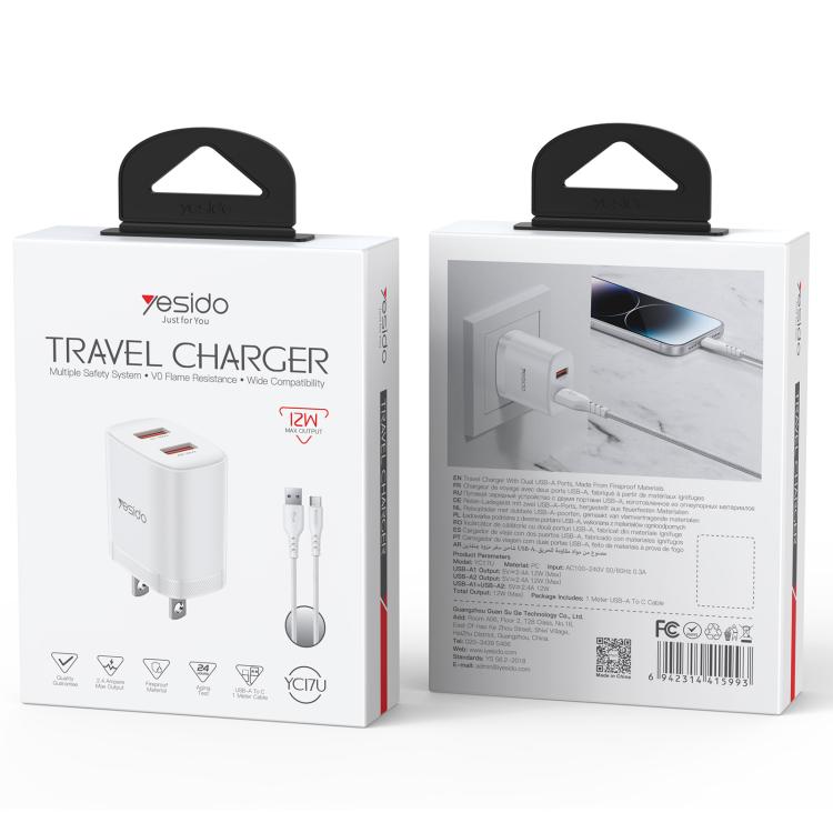 Set caricabatterie Yesido YC17U da 12 W 2,4 A con doppia porta USB e cavo dati da USB a Type-C da 1 m., YC17U