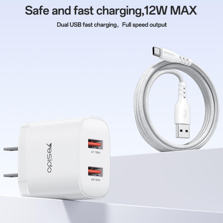 Set caricabatterie Yesido YC17U da 12 W 2,4 A con doppia porta USB e cavo dati da USB a Type-C da 1 m., YC17U