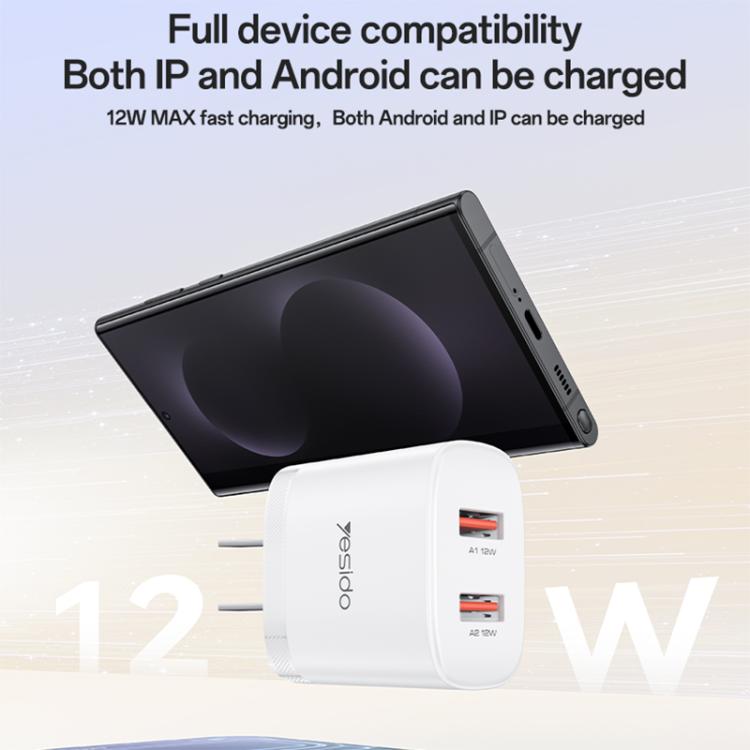Set caricabatterie Yesido YC17U da 12 W 2,4 A con doppia porta USB e cavo dati da USB a Type-C da 1 m., YC17U