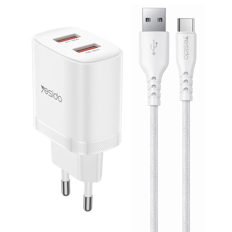 Set caricabatterie Yesido YC104 da 12 W 2,4 A con doppia porta USB e cavo dati da USB a Type-C da 1 m., YC104