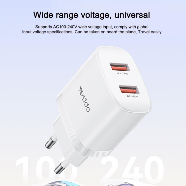 Set caricabatterie Yesido YC104 da 12 W 2,4 A con doppia porta USB e cavo dati da USB a Type-C da 1 m., YC104