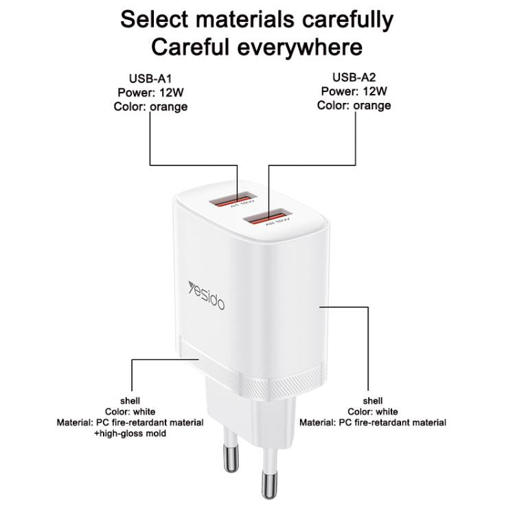 Set caricabatterie Yesido YC104 da 12 W 2,4 A con doppia porta USB e cavo dati da USB a Type-C da 1 m., YC104