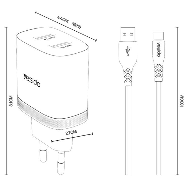 Set caricabatterie Yesido YC104 da 12 W 2,4 A con doppia porta USB e cavo dati da USB a Type-C da 1 m., YC104