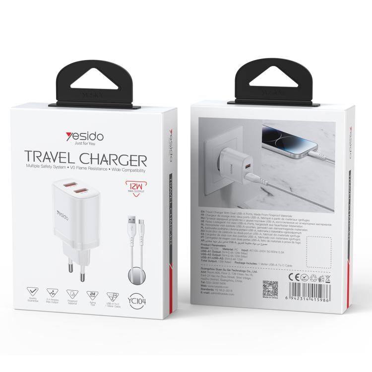 Set caricabatterie Yesido YC104 da 12 W 2,4 A con doppia porta USB e cavo dati da USB a Type-C da 1 m., YC104
