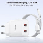 Set caricabatterie Yesido YC104 da 12 W 2,4 A con doppia porta USB e cavo dati da USB a Type-C da 1 m., YC104