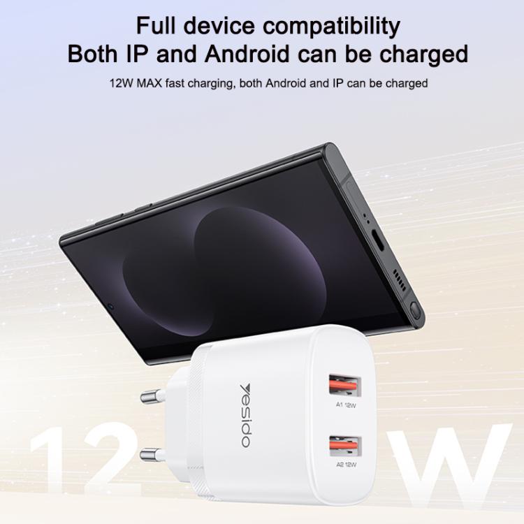 Set caricabatterie Yesido YC104 da 12 W 2,4 A con doppia porta USB e cavo dati da USB a Type-C da 1 m., YC104
