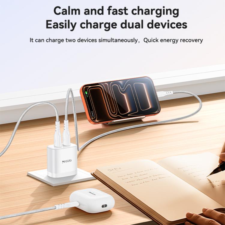 Set caricabatterie Yesido YC104 da 12 W 2,4 A con doppia porta USB e cavo dati da USB a Type-C da 1 m., YC104