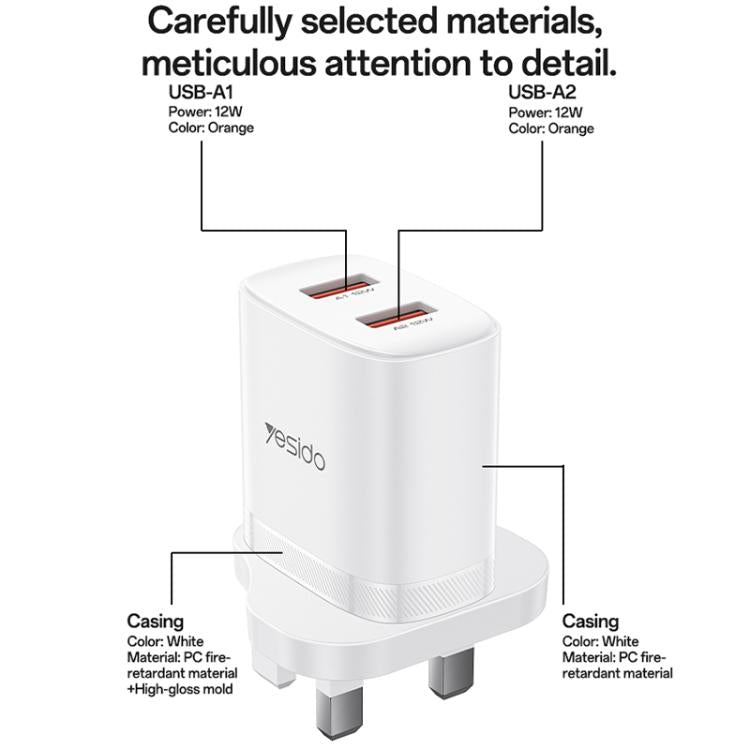 Set caricabatterie Yesido YC150 da 12 W 2,4 A con doppia porta USB e cavo dati da USB a Type-C da 1 m., YC150