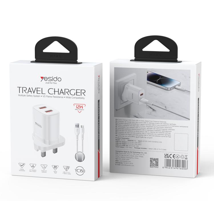 Set caricabatterie Yesido YC150 da 12 W 2,4 A con doppia porta USB e cavo dati da USB a Type-C da 1 m., YC150