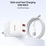 Set caricabatterie Yesido YC150 da 12 W 2,4 A con doppia porta USB e cavo dati da USB a Type-C da 1 m., YC150