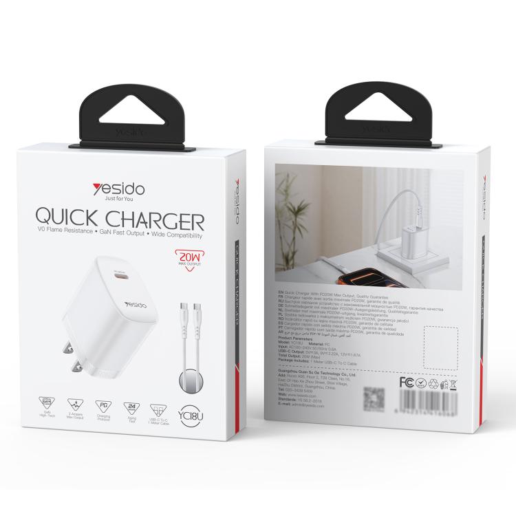 Set caricabatterie Yesido YC18U PD20W Type-C con cavo dati da Type-C a Type-C da 1 m, YC18U