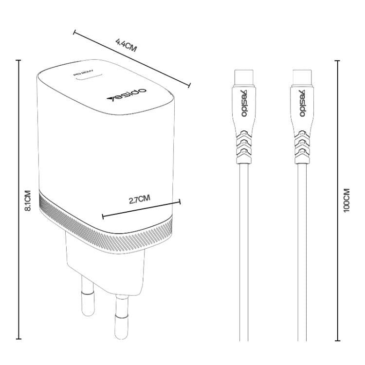 Set caricabatterie Yesido YC105 PD20W con connettore Type-C e cavo dati da 1 m da Type-C a Type-C., YC105