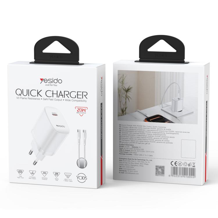 Set caricabatterie Yesido YC105 PD20W con connettore Type-C e cavo dati da 1 m da Type-C a Type-C., YC105