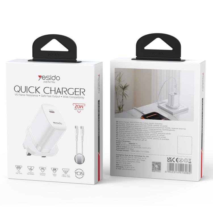Set caricabatterie Yesido YC151 PD20W Type-C con cavo dati da Type-C a Type-C da 1 m, YC151