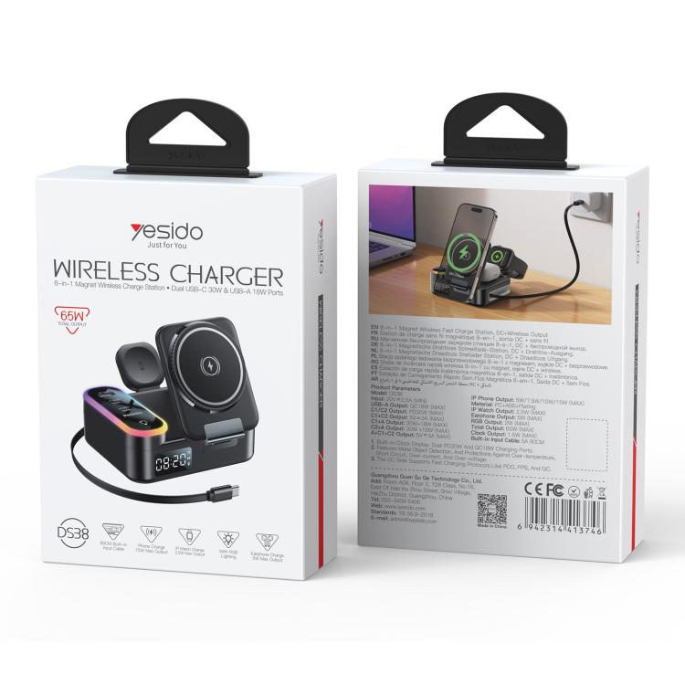 Stazione di ricarica wireless magnetica Yesido DS38 da 65 W 8 in 1 con cavo telescopico, DS38
