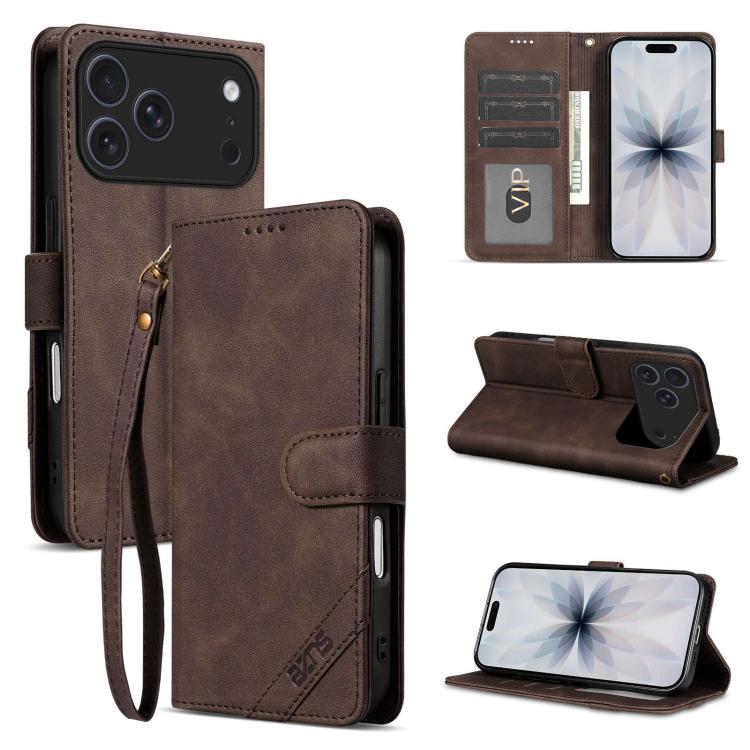 Portafoglio a tre carte AZNS serie A2 con protezione RFID e custodia per telefono in pelle vegana con cinturino., For iPhone 17e / 16e, For iPhone 17 Pro Max, For iPhone 17 Pro, For iPhone 17