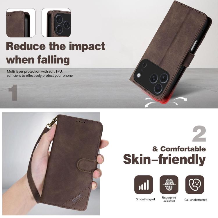 Portafoglio a tre carte AZNS serie A2 con protezione RFID e custodia per telefono in pelle vegana con cinturino., For iPhone 17e / 16e, For iPhone 17 Pro Max, For iPhone 17 Pro, For iPhone 17