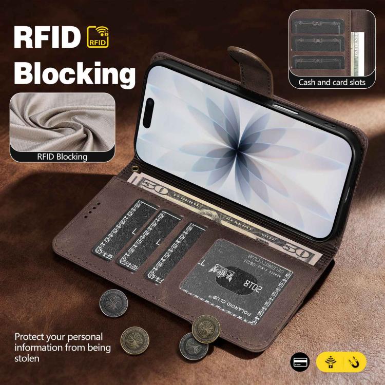 Portafoglio a tre carte AZNS serie A2 con protezione RFID e custodia per telefono in pelle vegana con cinturino., For iPhone 17e / 16e, For iPhone 17 Pro Max, For iPhone 17 Pro, For iPhone 17