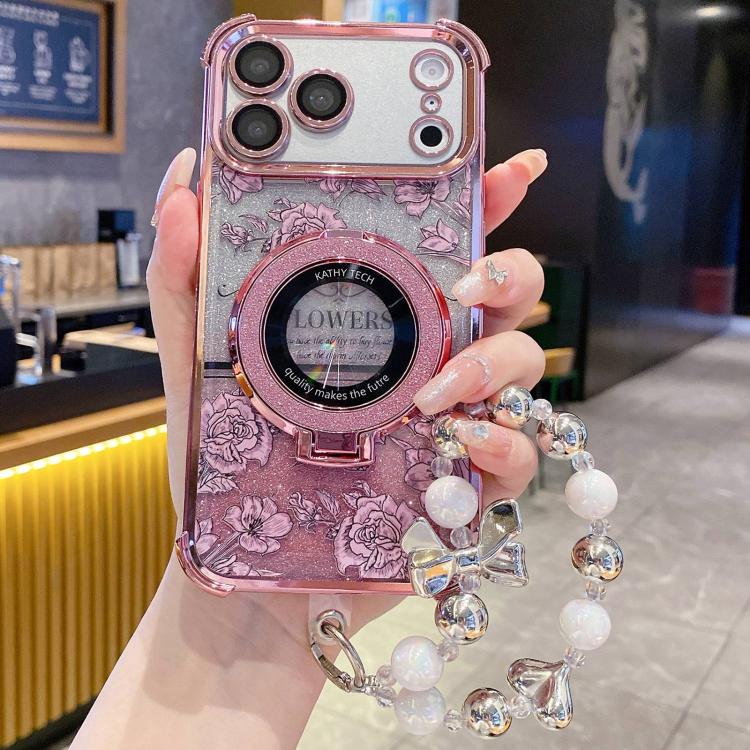 Custodia per telefono con cinturino da polso e motivo floreale glitterato sfumato, placcata galvanica., For iPhone 17 Pro Max, For iPhone 17 Pro, For iPhone 17, For iPhone Air, For iPhone 16 Pro Max, For iPhone 16 Pro