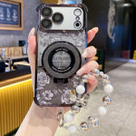 Custodia per telefono con cinturino da polso e motivo floreale glitterato sfumato, placcata galvanica., For iPhone 17 Pro Max, For iPhone 17 Pro, For iPhone 17, For iPhone Air, For iPhone 16 Pro Max, For iPhone 16 Pro