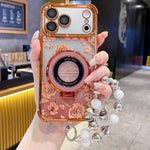 Custodia per telefono con cinturino da polso e motivo floreale glitterato sfumato, placcata galvanica., For iPhone 17 Pro Max, For iPhone 17 Pro, For iPhone 17, For iPhone Air, For iPhone 16 Pro Max, For iPhone 16 Pro