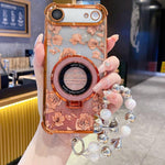Custodia per telefono con cinturino da polso e motivo floreale glitterato sfumato, placcata galvanica., For iPhone 17 Pro Max, For iPhone 17 Pro, For iPhone 17, For iPhone Air, For iPhone 16 Pro Max, For iPhone 16 Pro