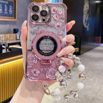 Custodia per telefono con cinturino da polso e motivo floreale glitterato sfumato, placcata galvanica., For iPhone 17 Pro Max, For iPhone 17 Pro, For iPhone 17, For iPhone Air, For iPhone 16 Pro Max, For iPhone 16 Pro
