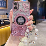 Custodia per telefono con cinturino da polso e motivo floreale glitterato sfumato, placcata galvanica., For iPhone 16 Plus, For iPhone 16, For iPhone 15 Pro Max, For iPhone 15 Pro, For iPhone 15 Plus, For iPhone 15