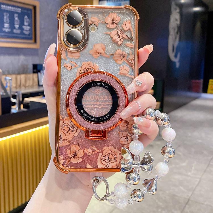 Custodia per telefono con cinturino da polso e motivo floreale glitterato sfumato, placcata galvanica., For iPhone 16 Plus, For iPhone 16, For iPhone 15 Pro Max, For iPhone 15 Pro, For iPhone 15 Plus, For iPhone 15