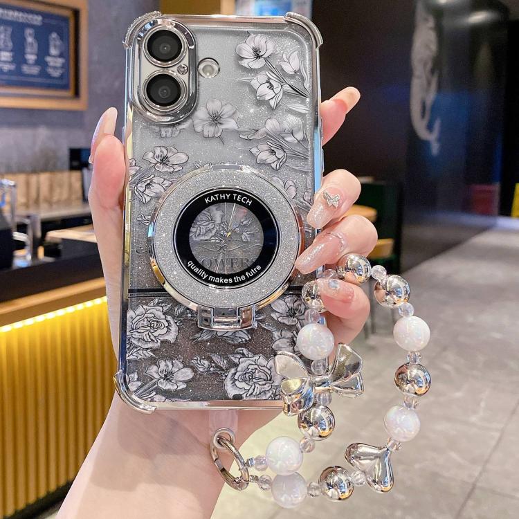 Custodia per telefono con cinturino da polso e motivo floreale glitterato sfumato, placcata galvanica., For iPhone 16 Plus, For iPhone 16, For iPhone 15 Pro Max, For iPhone 15 Pro, For iPhone 15 Plus, For iPhone 15