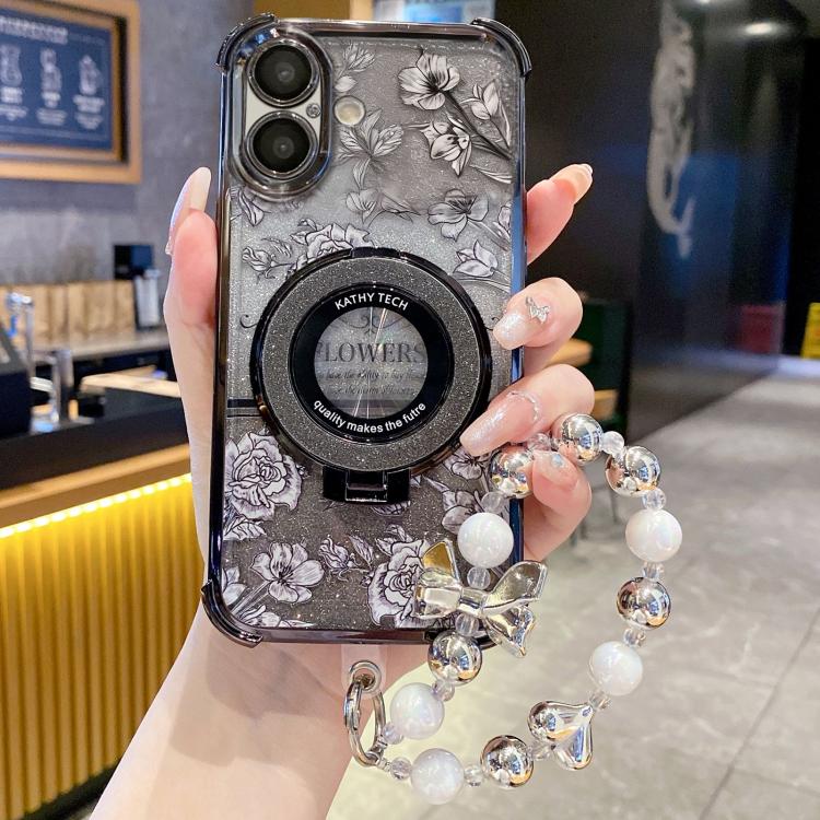 Custodia per telefono con cinturino da polso e motivo floreale glitterato sfumato, placcata galvanica., For iPhone 16 Plus, For iPhone 16, For iPhone 15 Pro Max, For iPhone 15 Pro, For iPhone 15 Plus, For iPhone 15