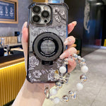 Custodia per telefono con cinturino da polso e motivo floreale glitterato sfumato, placcata galvanica., For iPhone 16 Plus, For iPhone 16, For iPhone 15 Pro Max, For iPhone 15 Pro, For iPhone 15 Plus, For iPhone 15