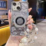 Custodia per telefono con cinturino da polso e motivo floreale glitterato sfumato, placcata galvanica., For iPhone 16 Plus, For iPhone 16, For iPhone 15 Pro Max, For iPhone 15 Pro, For iPhone 15 Plus, For iPhone 15
