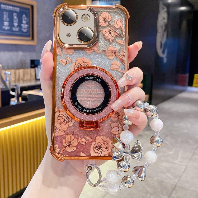 Custodia per telefono con cinturino da polso e motivo floreale glitterato sfumato, placcata galvanica., For iPhone 14 Plus, For iPhone 14, For iPhone 14 Pro, For iPhone 14 Pro Max, For iPhone 13 Pro Max, For iPhone 13 Pro