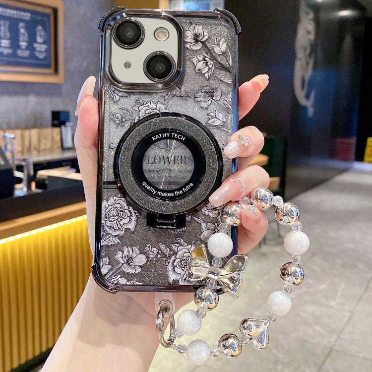 Custodia per telefono con cinturino da polso e motivo floreale glitterato sfumato, placcata galvanica., For iPhone 14 Plus, For iPhone 14, For iPhone 14 Pro, For iPhone 14 Pro Max, For iPhone 13 Pro Max, For iPhone 13 Pro