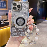Custodia per telefono con cinturino da polso e motivo floreale glitterato sfumato, placcata galvanica., For iPhone 14 Plus, For iPhone 14, For iPhone 14 Pro, For iPhone 14 Pro Max, For iPhone 13 Pro Max, For iPhone 13 Pro