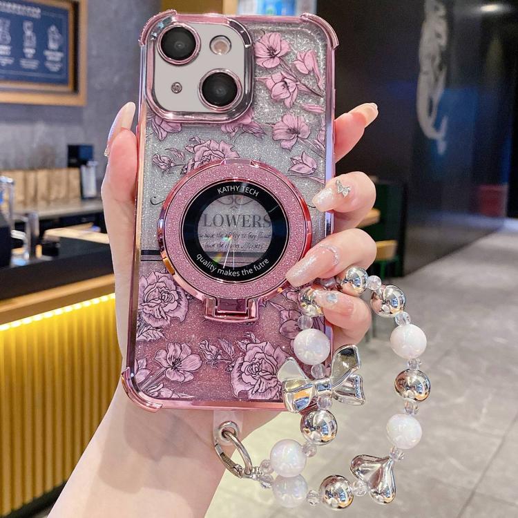 Custodia per telefono con cinturino da polso e motivo floreale glitterato sfumato, placcata galvanica., For iPhone 13, For iPhone 12, For iPhone 12 Pro Max, For iPhone 12 Pro, For iPhone 11 Pro Max, For iPhone 11
