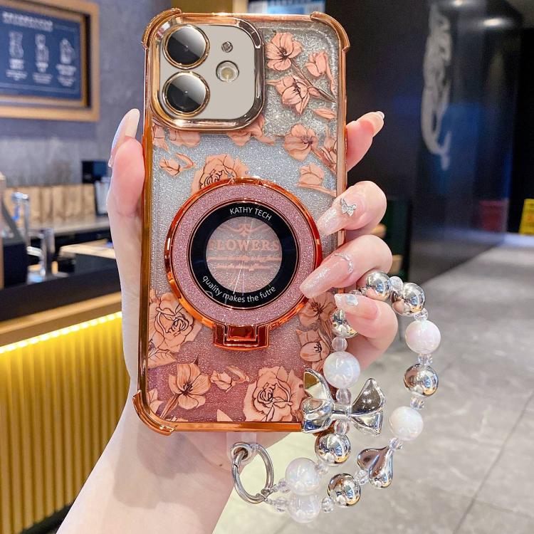 Custodia per telefono con cinturino da polso e motivo floreale glitterato sfumato, placcata galvanica., For iPhone 13, For iPhone 12, For iPhone 12 Pro Max, For iPhone 12 Pro, For iPhone 11 Pro Max, For iPhone 11