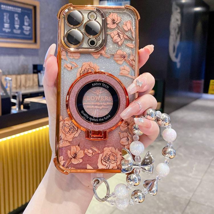 Custodia per telefono con cinturino da polso e motivo floreale glitterato sfumato, placcata galvanica., For iPhone 13, For iPhone 12, For iPhone 12 Pro Max, For iPhone 12 Pro, For iPhone 11 Pro Max, For iPhone 11