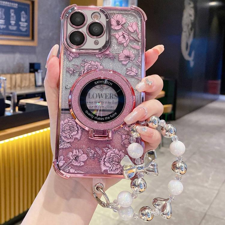Custodia per telefono con cinturino da polso e motivo floreale glitterato sfumato, placcata galvanica., For iPhone 13, For iPhone 12, For iPhone 12 Pro Max, For iPhone 12 Pro, For iPhone 11 Pro Max, For iPhone 11