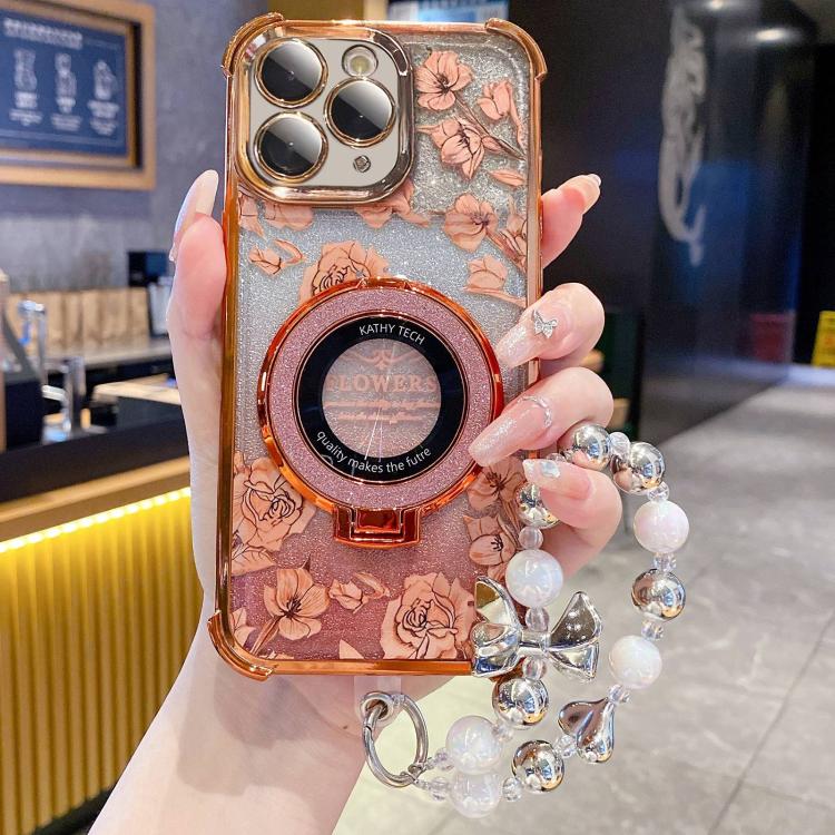 Custodia per telefono con cinturino da polso e motivo floreale glitterato sfumato, placcata galvanica., For iPhone 13, For iPhone 12, For iPhone 12 Pro Max, For iPhone 12 Pro, For iPhone 11 Pro Max, For iPhone 11