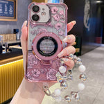 Custodia per telefono con cinturino da polso e motivo floreale glitterato sfumato, placcata galvanica., For iPhone 13, For iPhone 12, For iPhone 12 Pro Max, For iPhone 12 Pro, For iPhone 11 Pro Max, For iPhone 11