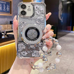 Custodia per telefono con cinturino da polso e motivo floreale glitterato sfumato, placcata galvanica., For iPhone 13, For iPhone 12, For iPhone 12 Pro Max, For iPhone 12 Pro, For iPhone 11 Pro Max, For iPhone 11
