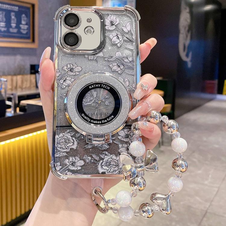 Custodia per telefono con cinturino da polso e motivo floreale glitterato sfumato, placcata galvanica., For iPhone 13, For iPhone 12, For iPhone 12 Pro Max, For iPhone 12 Pro, For iPhone 11 Pro Max, For iPhone 11