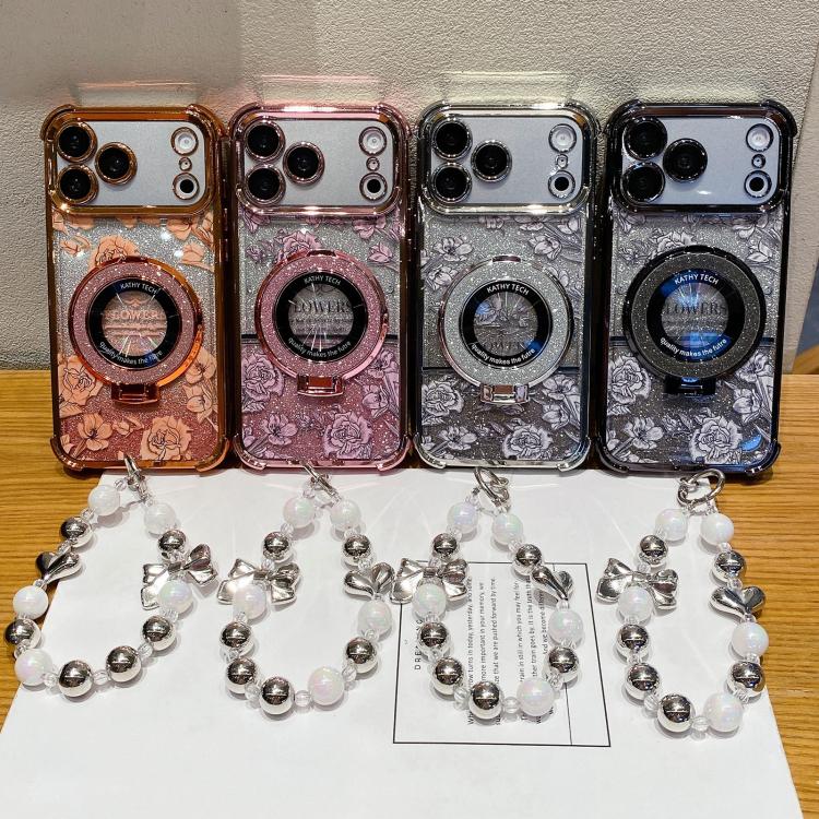 Custodia per telefono con cinturino da polso e motivo floreale glitterato sfumato, placcata galvanica., For iPhone 13, For iPhone 12, For iPhone 12 Pro Max, For iPhone 12 Pro, For iPhone 11 Pro Max, For iPhone 11