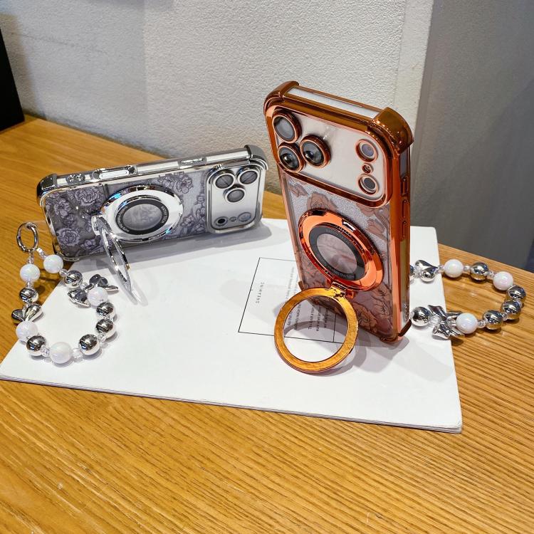 Custodia per telefono con cinturino da polso e motivo floreale glitterato sfumato, placcata galvanica., For iPhone 14 Plus, For iPhone 14, For iPhone 14 Pro, For iPhone 14 Pro Max, For iPhone 13 Pro Max, For iPhone 13 Pro