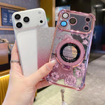 Custodia per telefono con cinturino da polso e motivo floreale glitterato sfumato, placcata galvanica., For iPhone 16 Plus, For iPhone 16, For iPhone 15 Pro Max, For iPhone 15 Pro, For iPhone 15 Plus, For iPhone 15